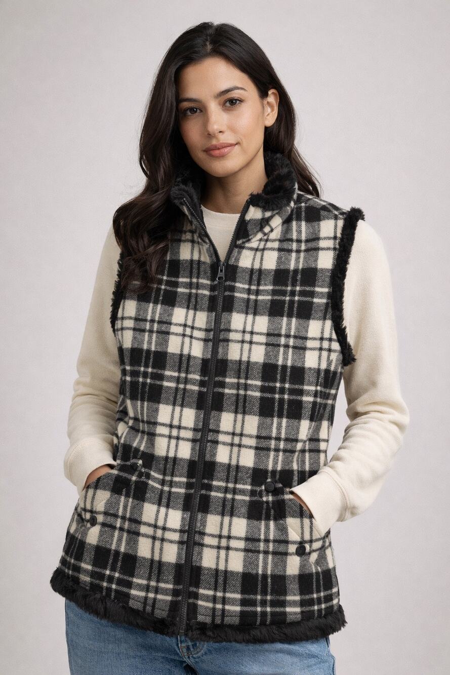 Woolrich women's M Plaid wool vest Faux Fur Heritage Outdoor Timeless